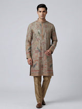 Olive silk printed thread work festive kurta suit