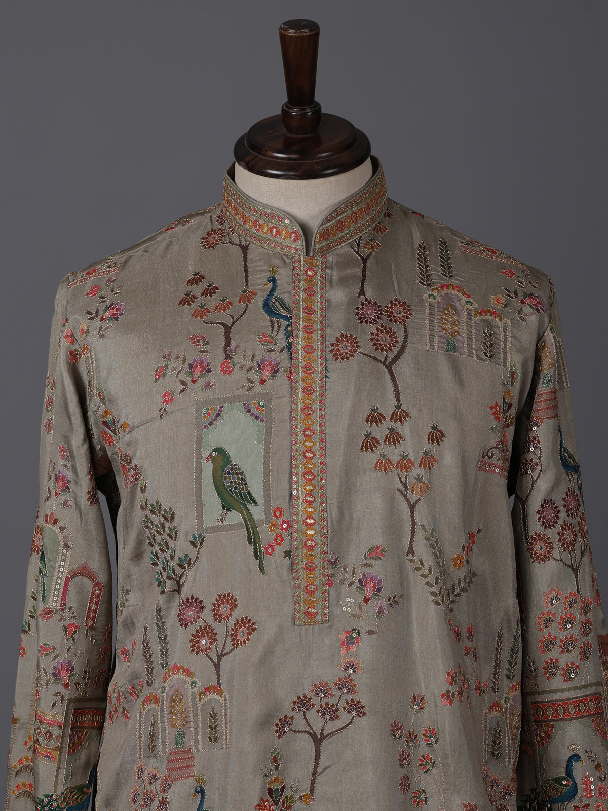 Olive silk printed thread work festive kurta suit