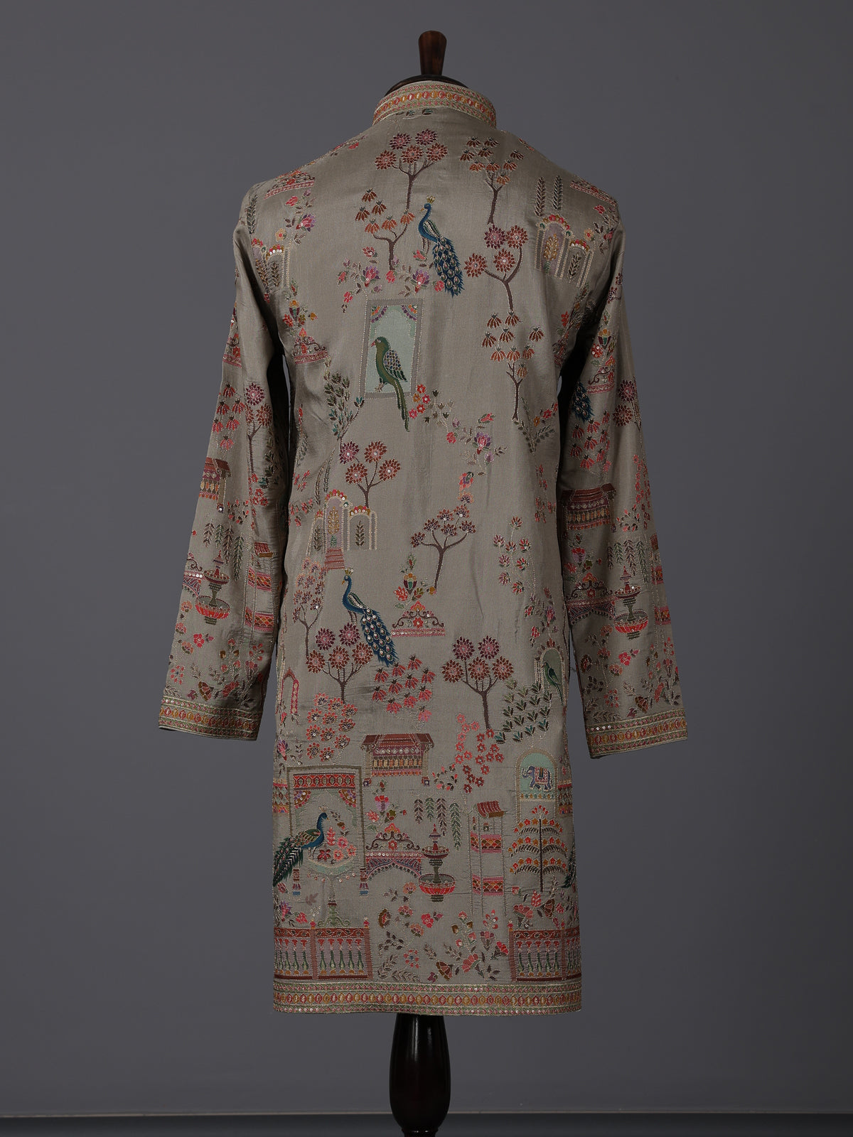 Olive silk printed thread work festive kurta suit