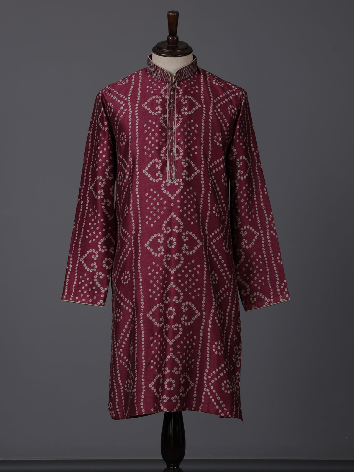Purple silk bandhej printed festive kurta suit