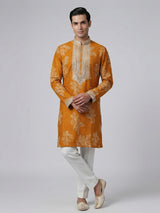 Mustard yellow silk aabla work haldi festive kurta suit