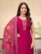 Rani pink silk mirror embellished festive sleeveless salwar suit