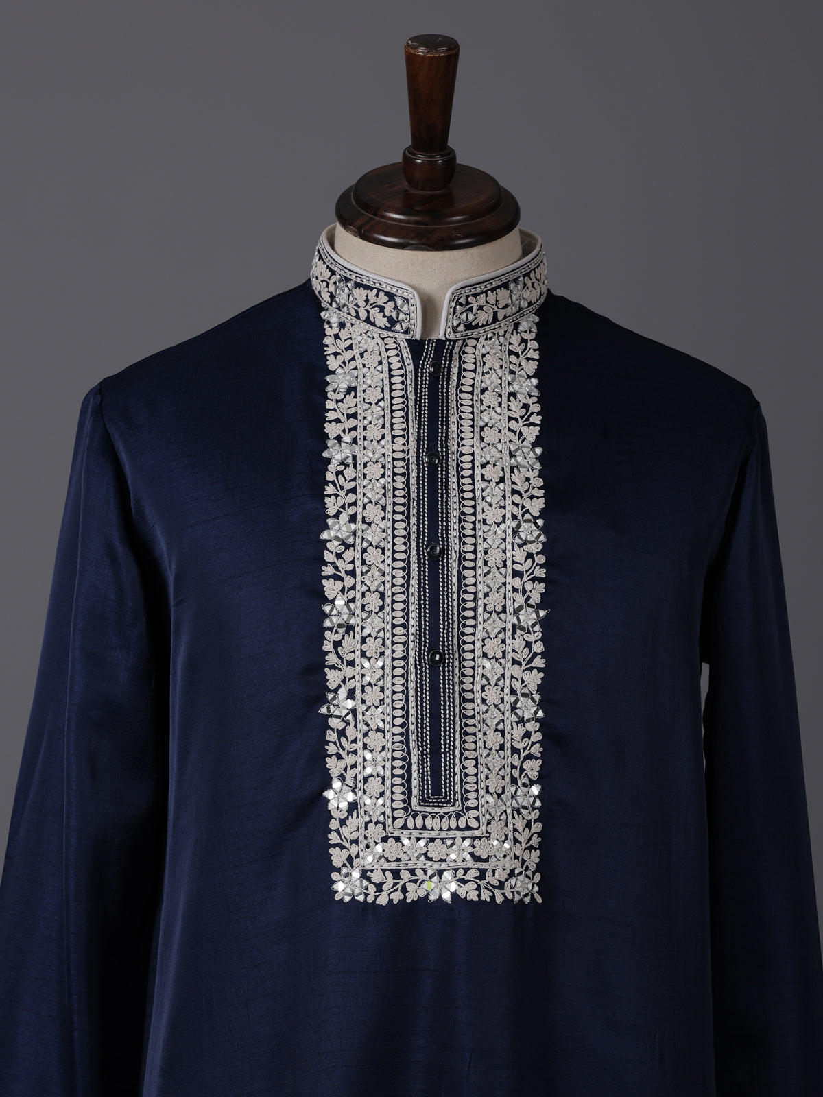 Navy blue silk aabla work festive kurta suit