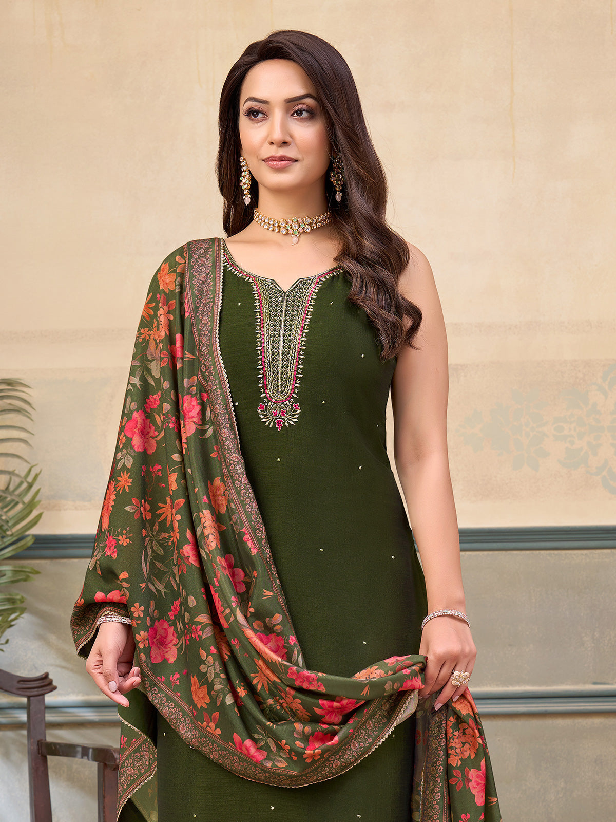 Mehendi green silk mirror embellished festive sleeveless salwar suit