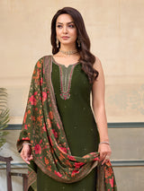 Mehendi green silk mirror embellished festive sleeveless salwar suit
