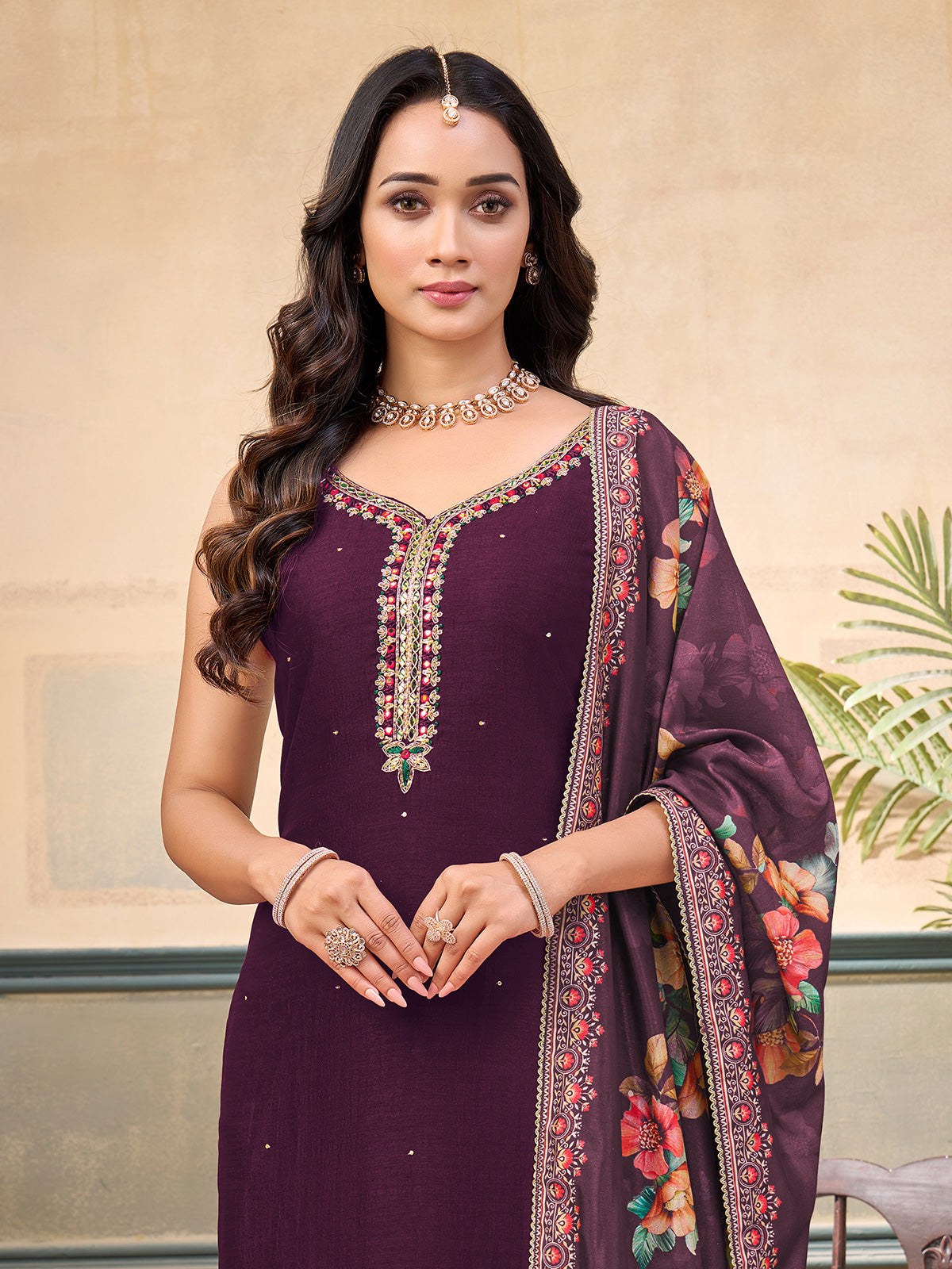 Purple silk embellished sleeveless festive straight cut salwar suit