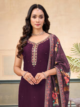 Purple silk embellished sleeveless festive straight cut salwar suit