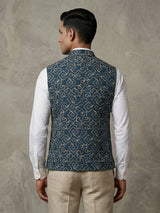 Teal blue cotton thread work festive waistcoat