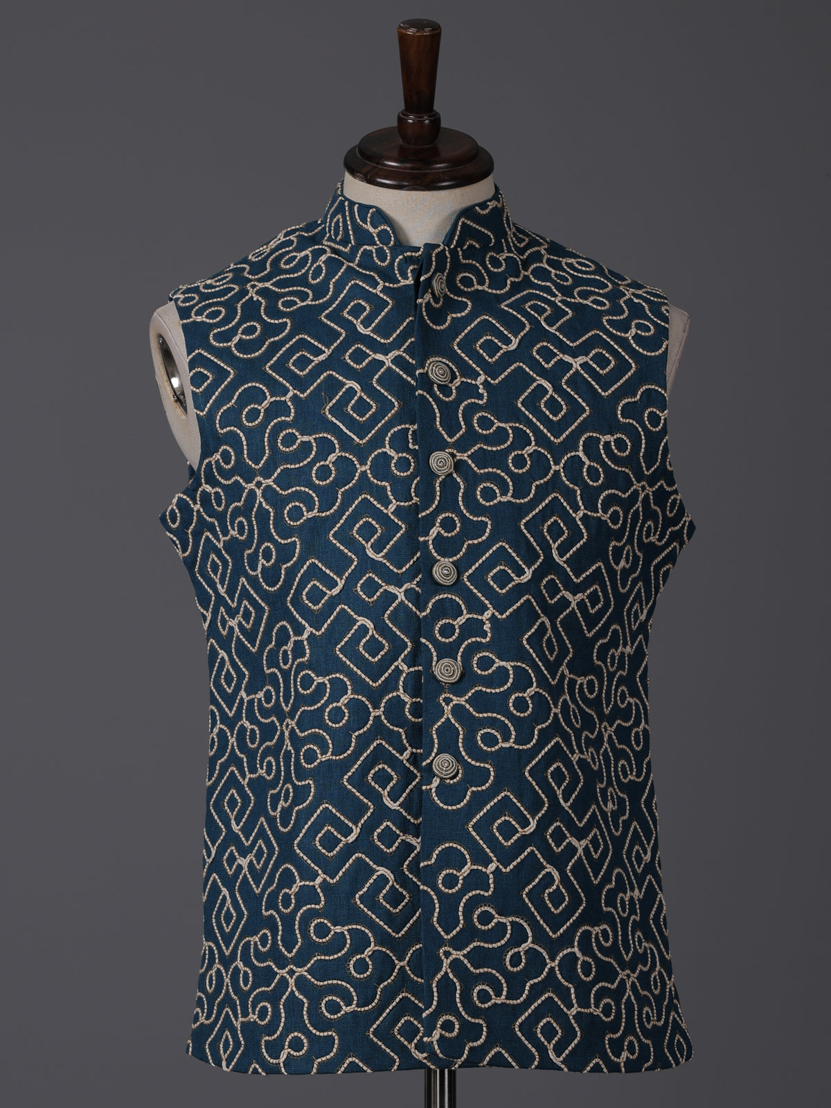 Teal blue cotton thread work festive waistcoat