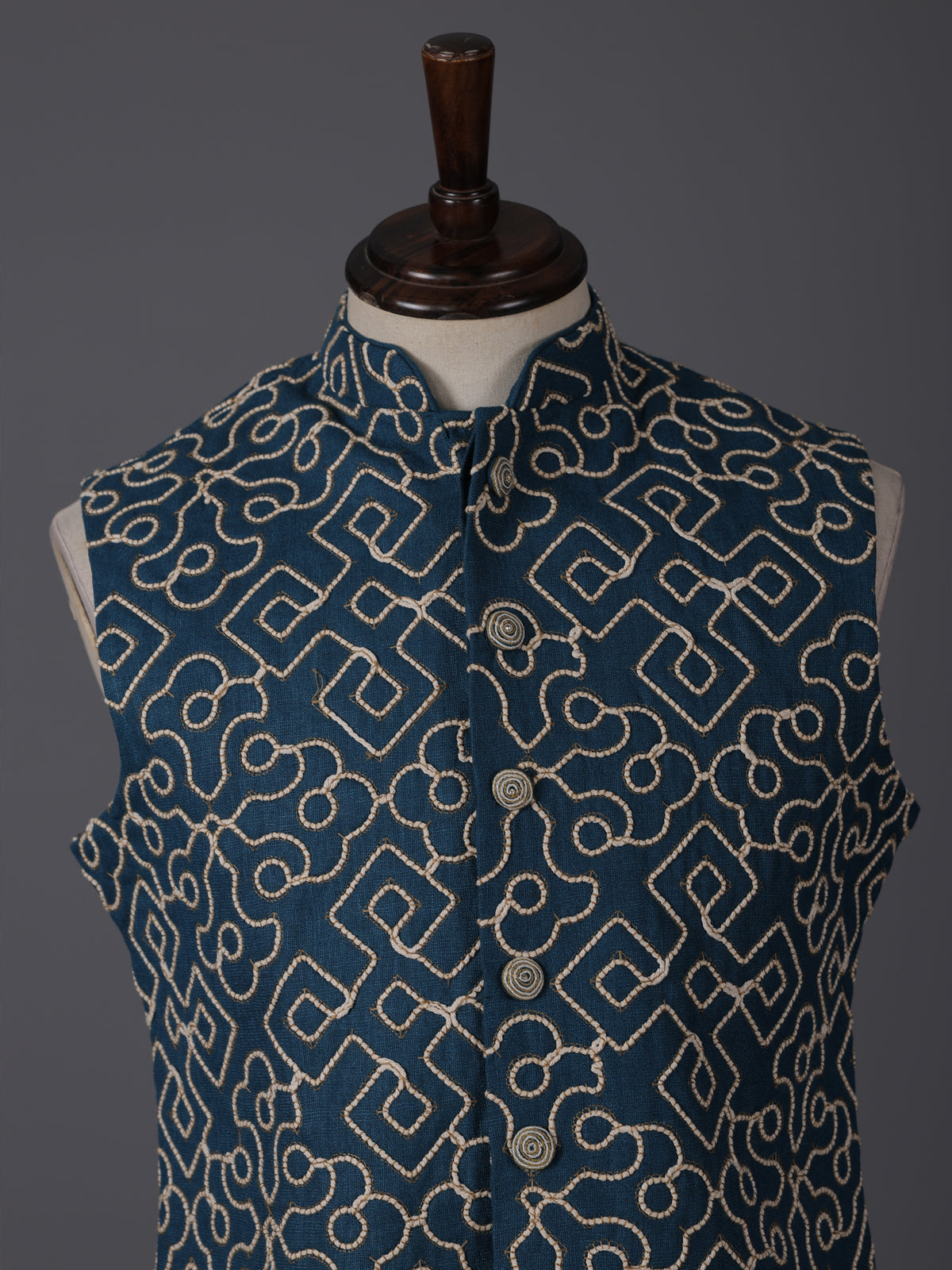 Teal blue cotton thread work festive waistcoat