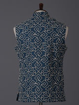 Teal blue cotton thread work festive waistcoat