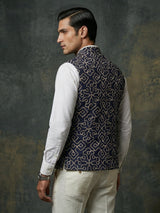 Navy blue cotton thread work wedding festive waistcoat