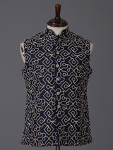 Navy blue cotton thread work wedding festive waistcoat