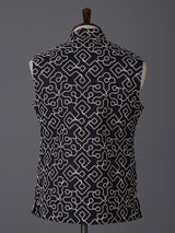 Navy blue cotton thread work wedding festive waistcoat