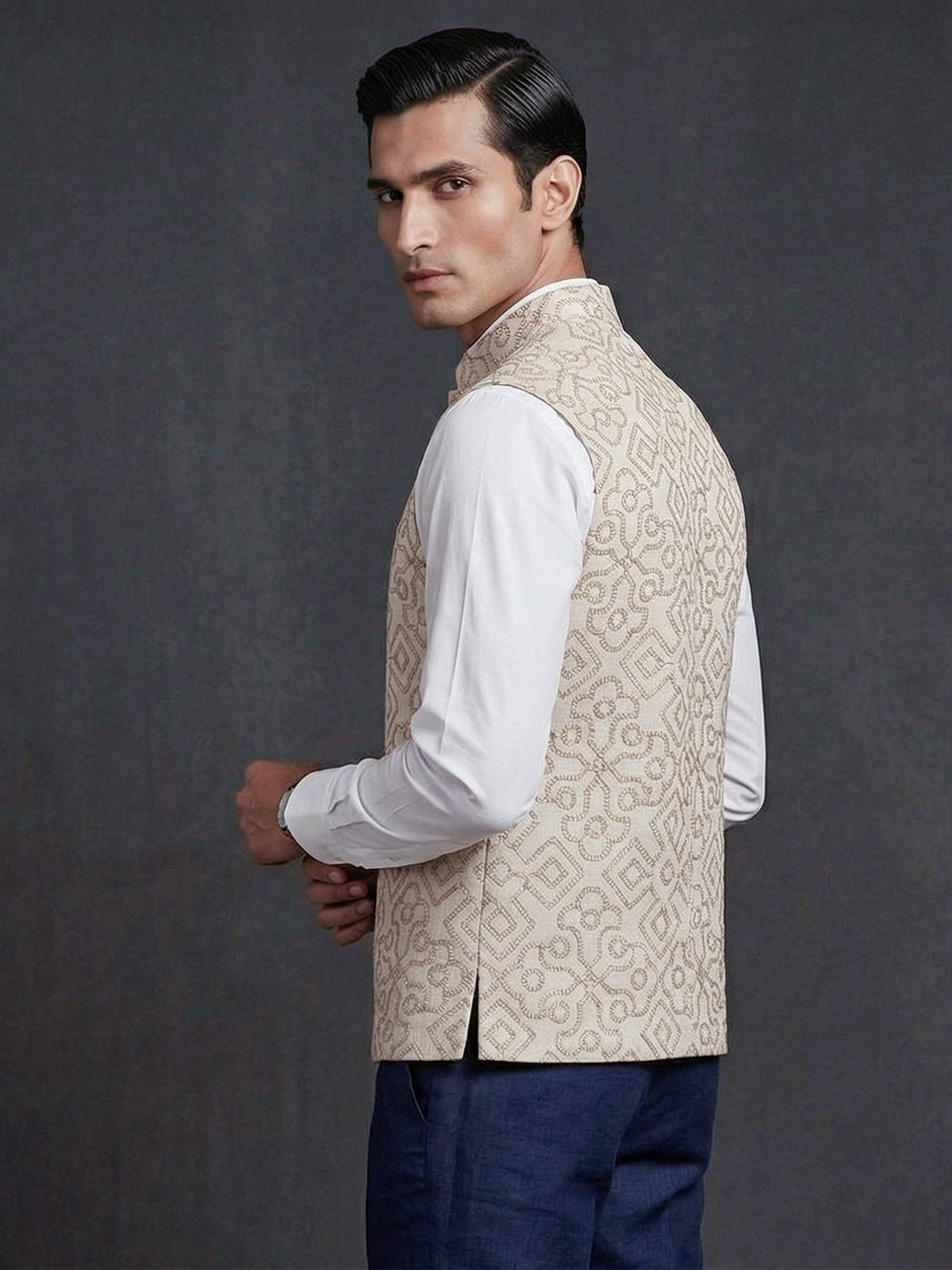 Beige cotton thread work elegant festive waistcoat