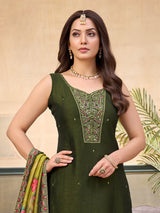 Mehendi green silk aabla embellished festive sleeveless salwar suit