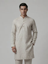 Beige cotton linen thread work festive kurta