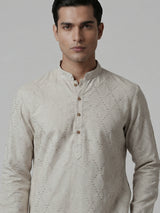 Beige cotton linen thread work festive kurta