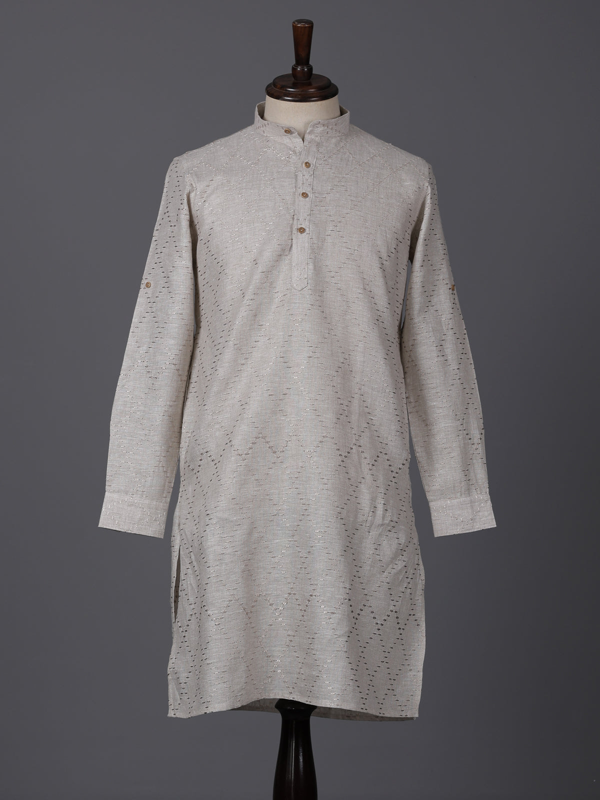 Beige cotton linen thread work festive kurta