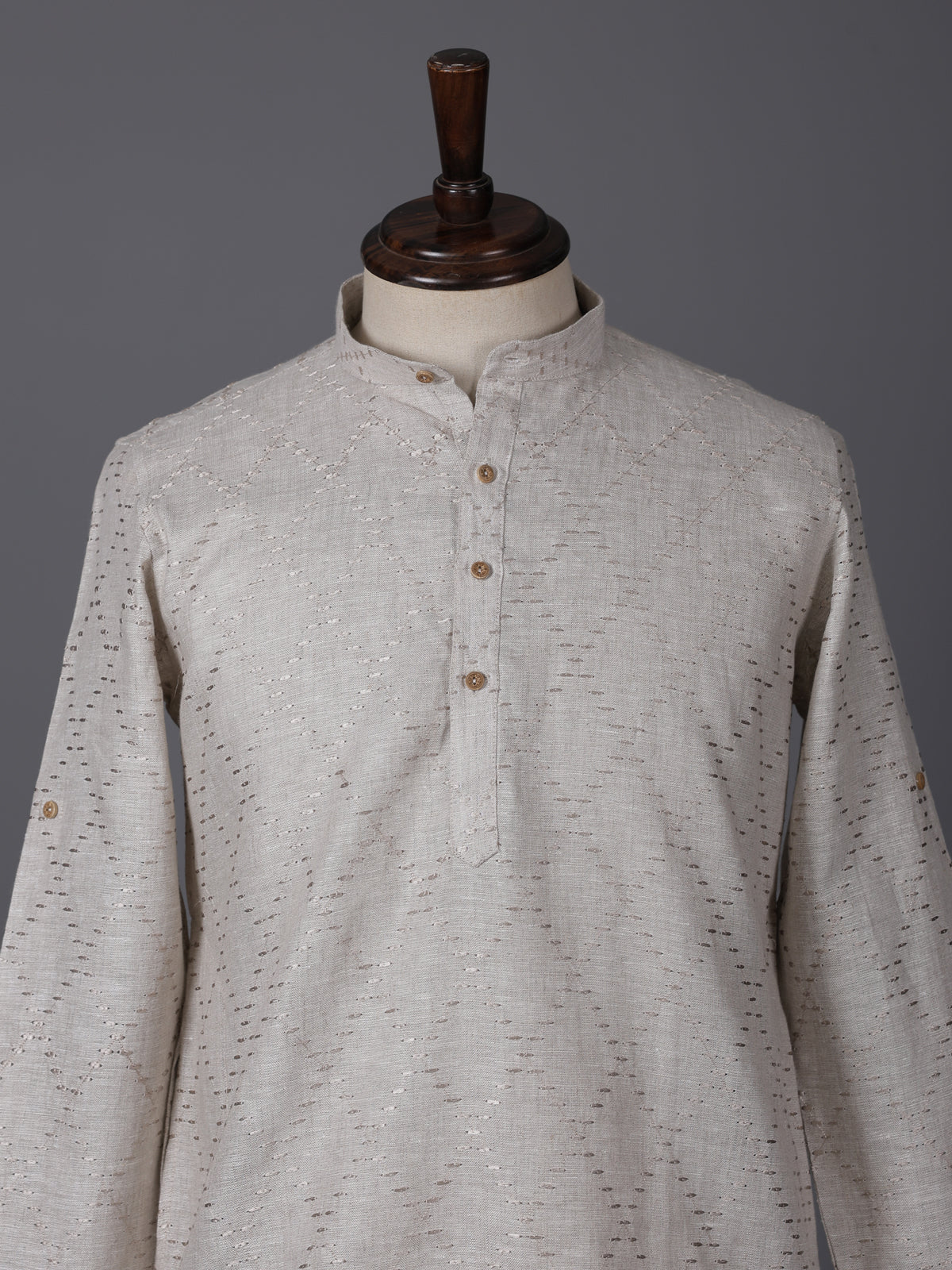 Beige cotton linen thread work festive kurta