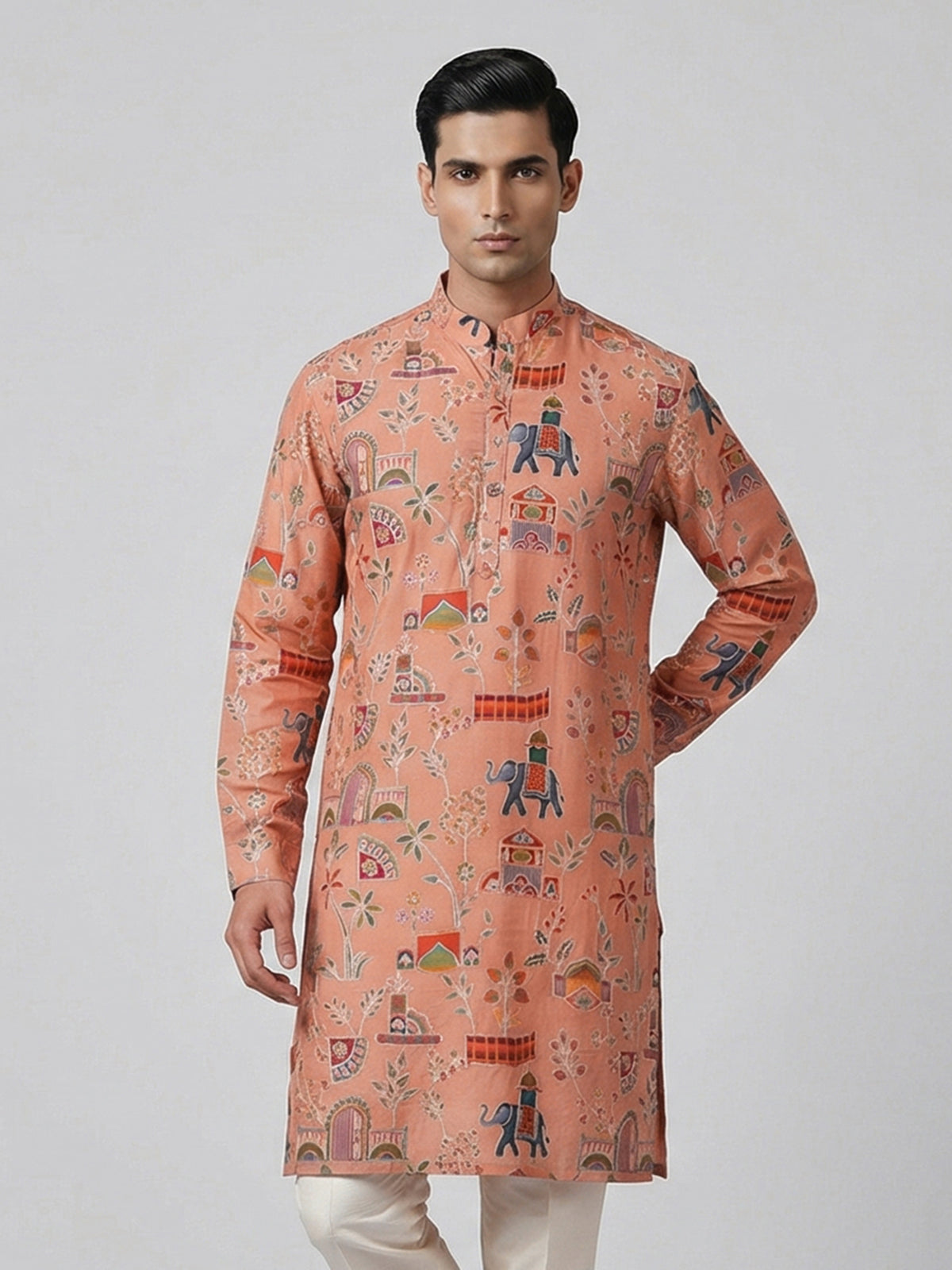 Peach silk printed thread sequins festive kurta