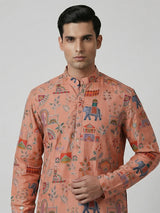 Peach silk printed thread sequins festive kurta