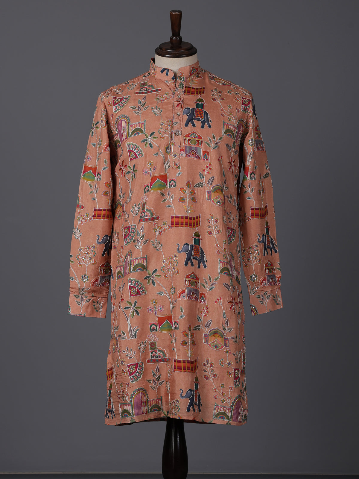 Peach silk printed thread sequins festive kurta