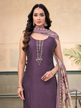 Purple silk sleeveless embellished straight cut salwar suit