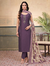 Purple silk sleeveless embellished straight cut salwar suit