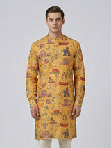 Yellow silk printed thread work haldi festive kurta