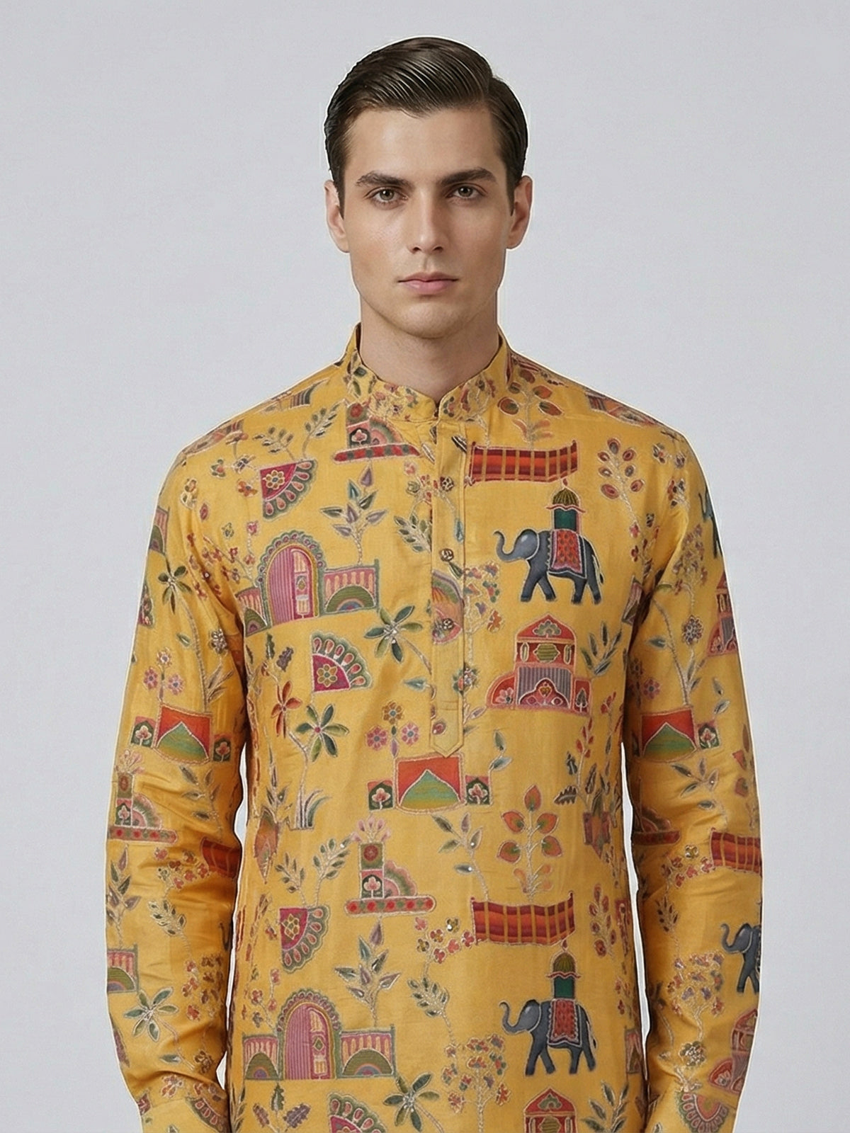 Yellow silk printed thread work haldi festive kurta