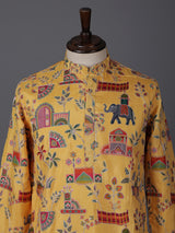 Yellow silk printed thread work haldi festive kurta