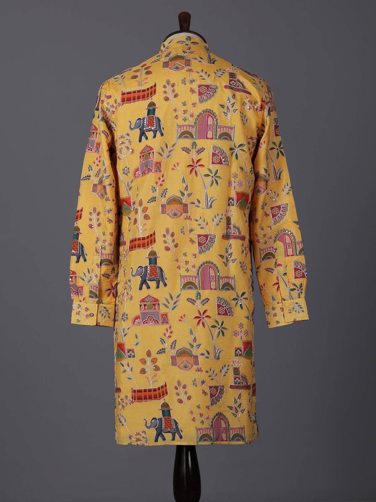 Yellow silk printed thread work haldi festive kurta