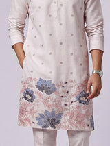 Beige cotton linen thread work wedding festive kurta