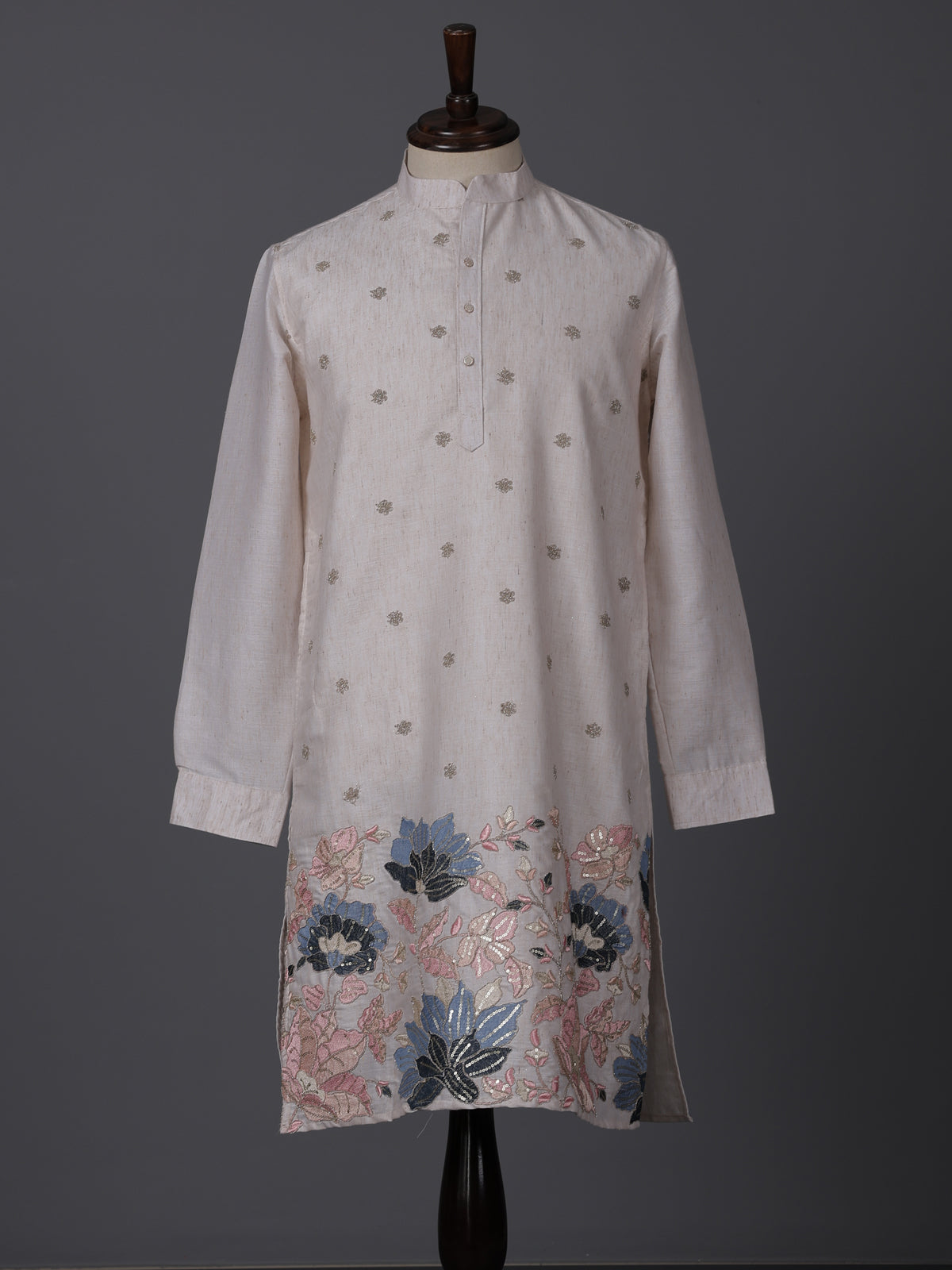 Beige cotton linen thread work wedding festive kurta