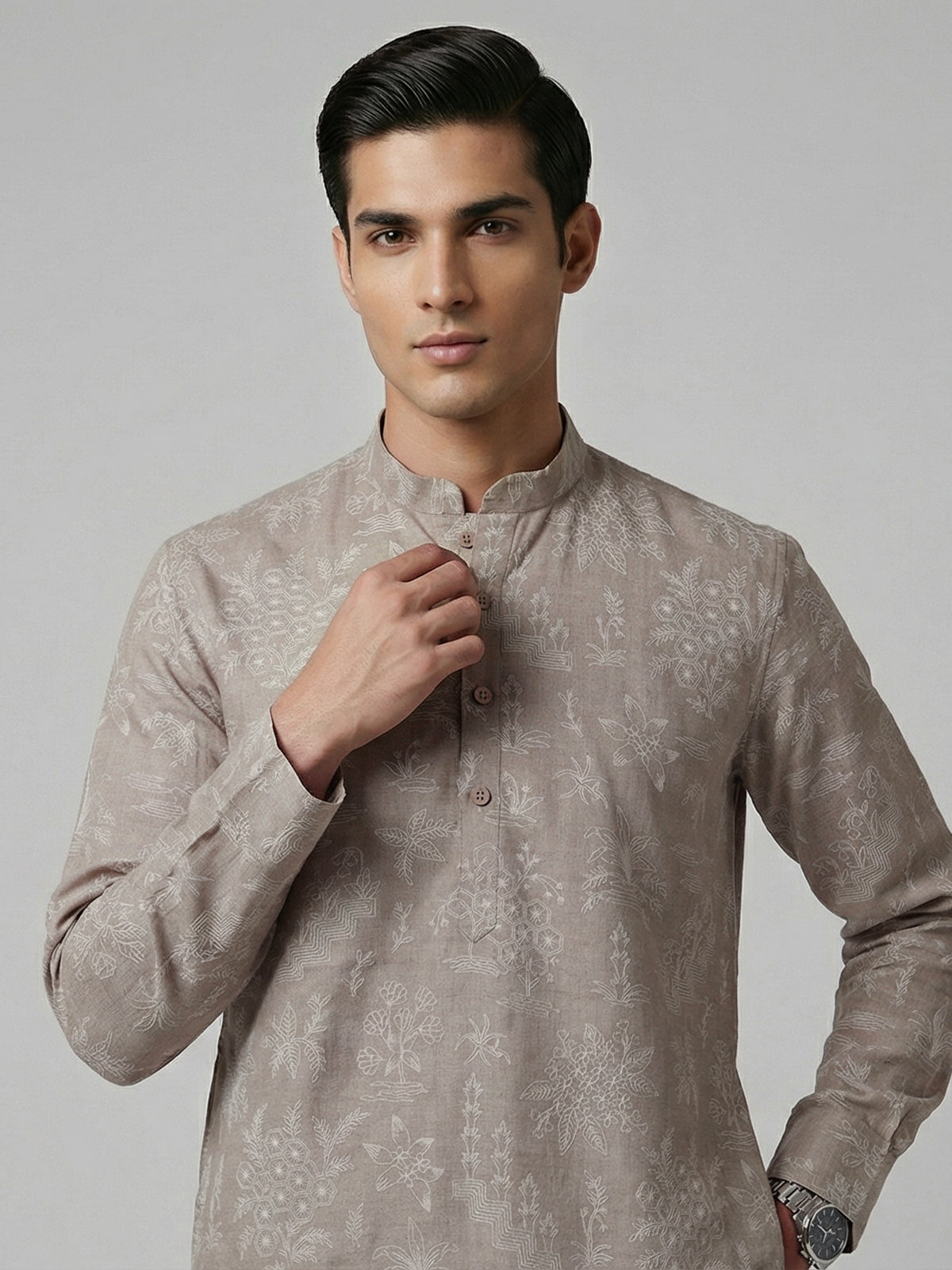Beige cotton silk thread work wedding festive kurta