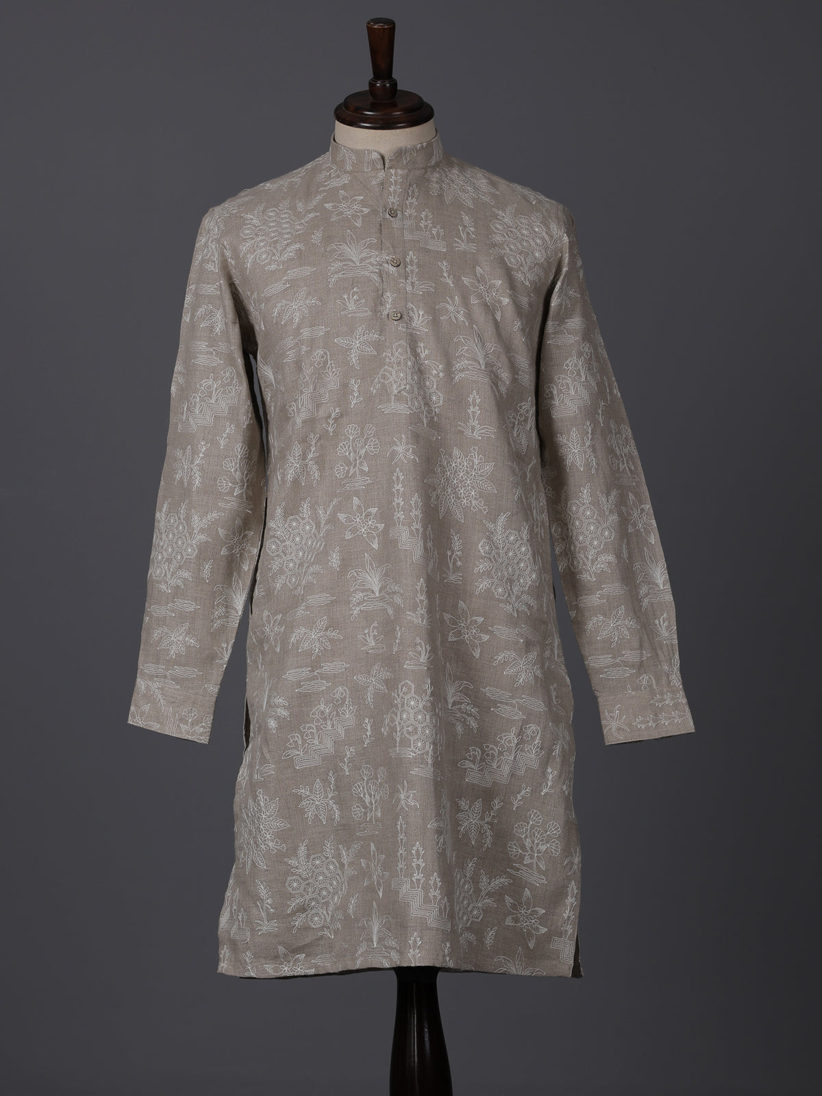 Beige cotton silk thread work wedding festive kurta