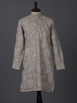 Beige cotton silk thread work wedding festive kurta