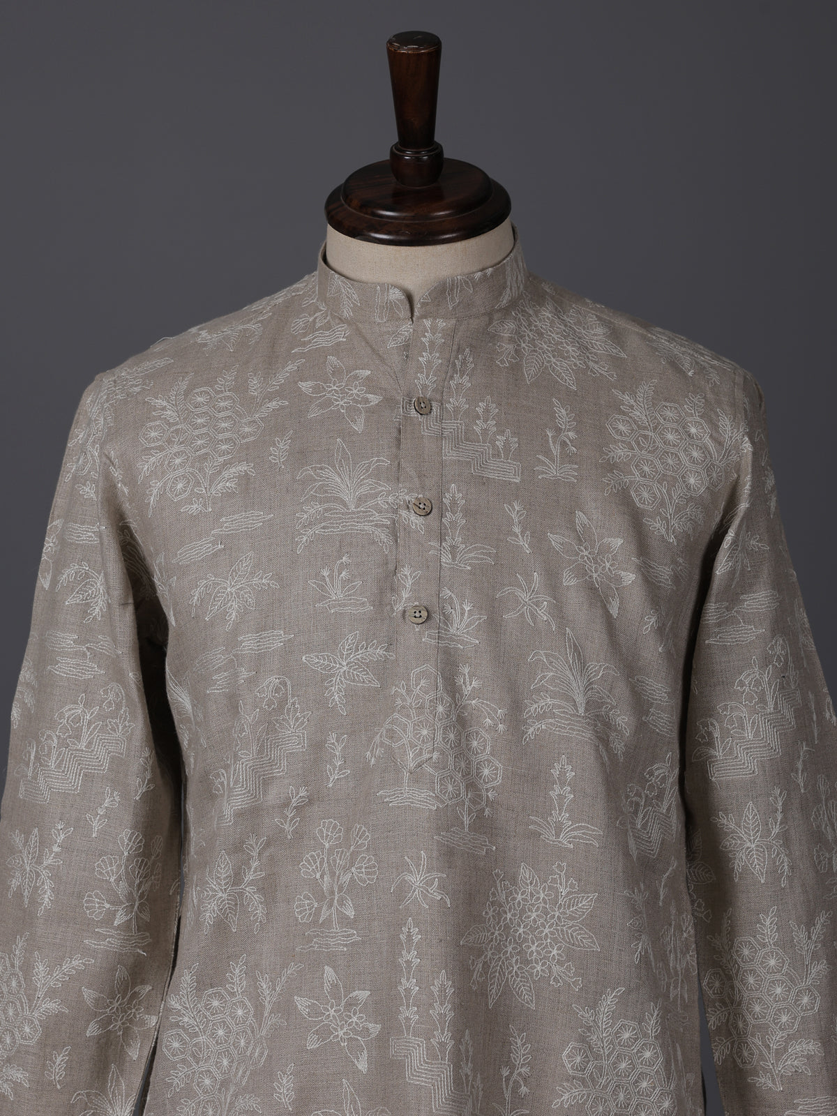 Beige cotton silk thread work wedding festive kurta