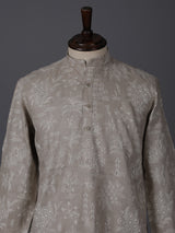 Beige cotton silk thread work wedding festive kurta