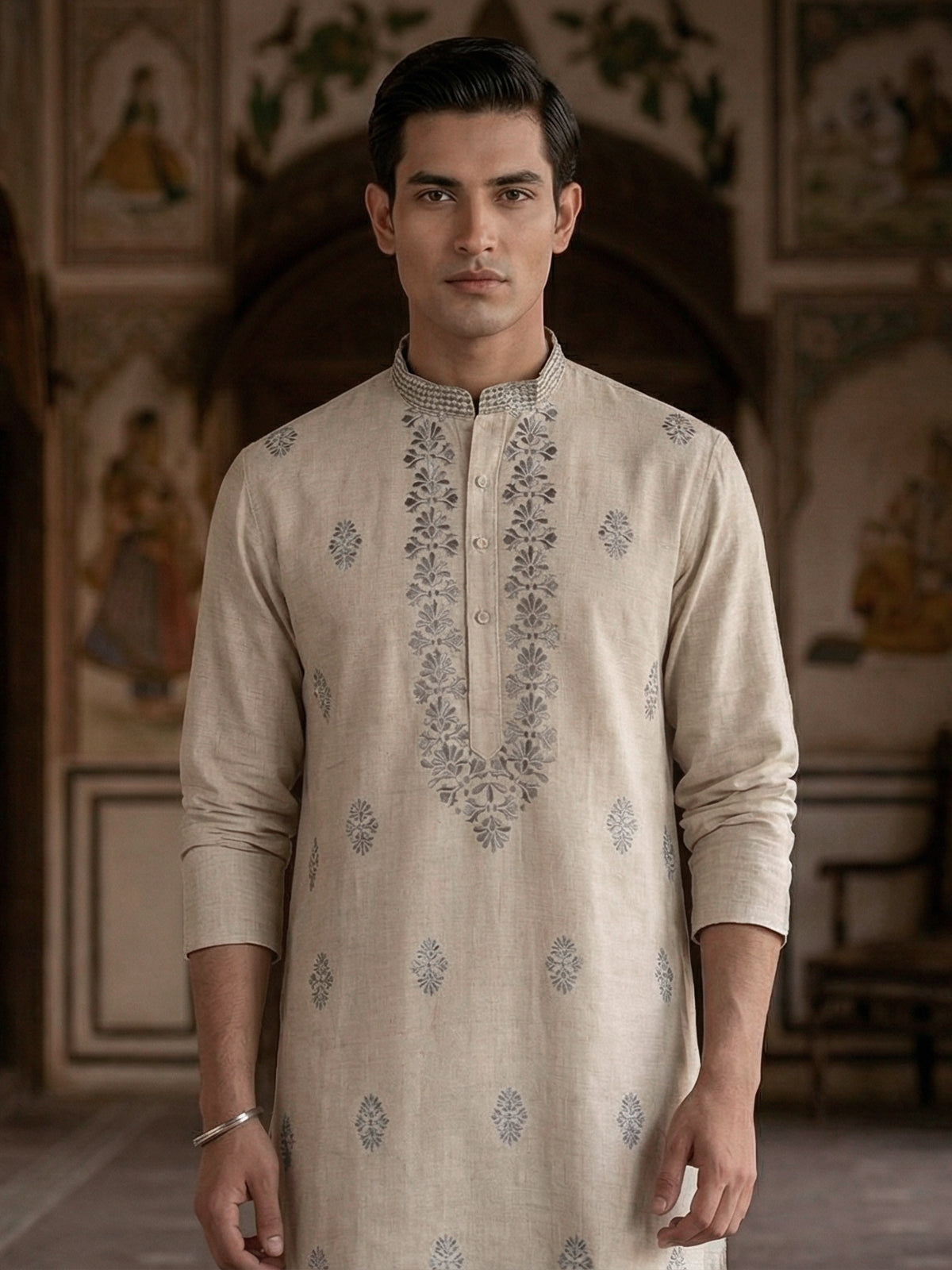 Beige linen embroidered classic wedding festive kurta