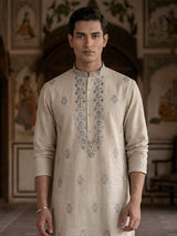 Beige linen embroidered classic wedding festive kurta