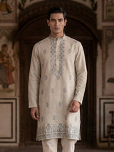 Beige linen embroidered classic wedding festive kurta