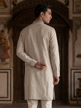 Beige linen embroidered classic wedding festive kurta