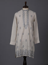 Beige linen embroidered classic wedding festive kurta