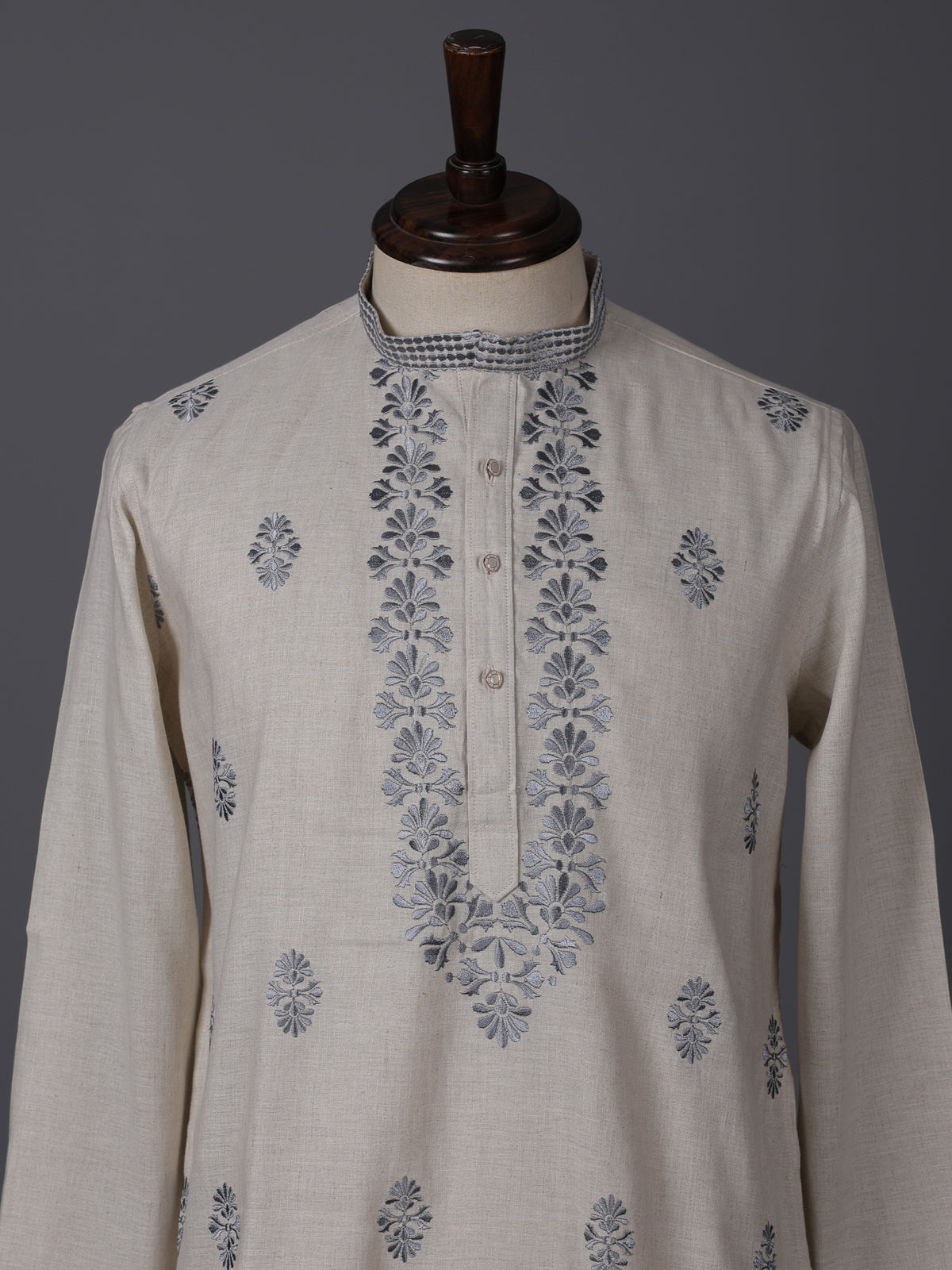 Beige linen embroidered classic wedding festive kurta