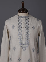 Beige linen embroidered classic wedding festive kurta