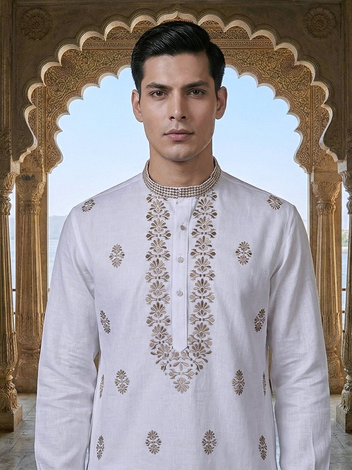 White linen embroidered elegant wedding festive kurta
