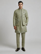 Dusty pista green embroidered festive waistcoat set in silk