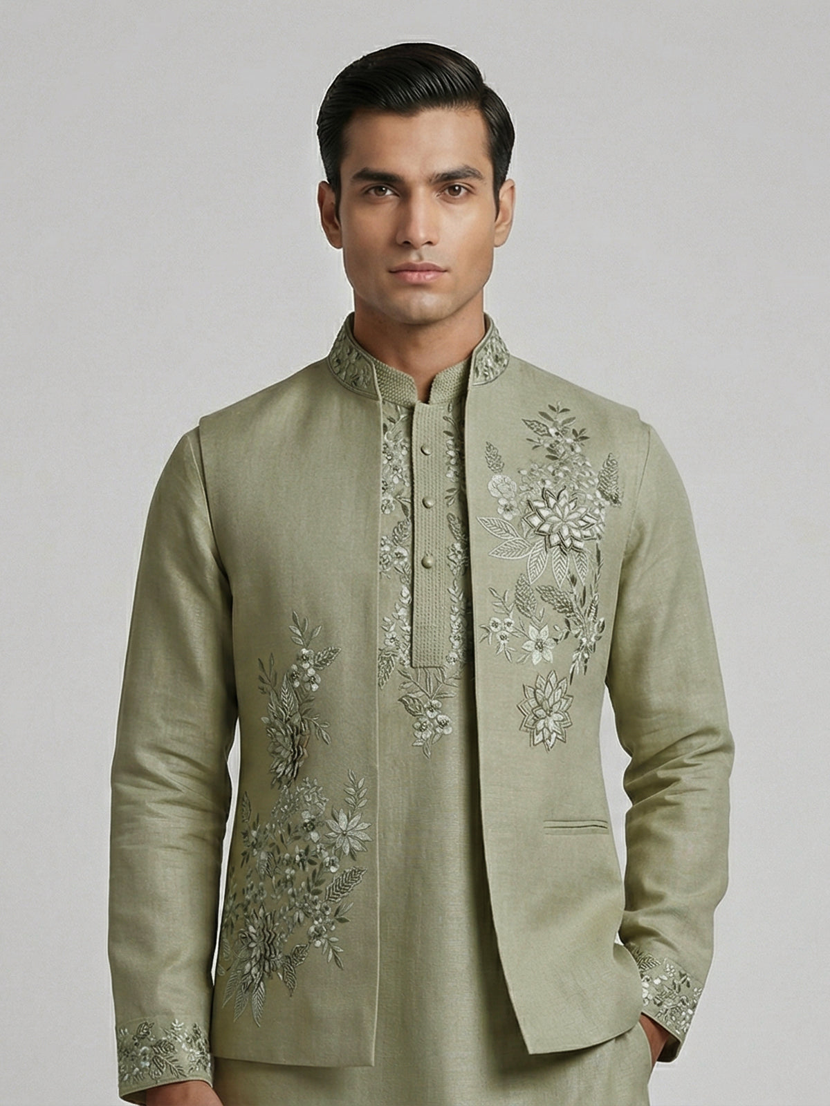 Dusty pista green embroidered festive waistcoat set in silk